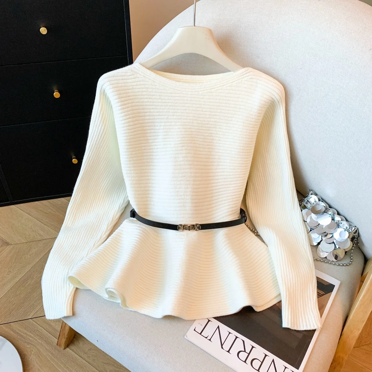 

Ele вязаный свитер женский с поясом на талии осень-зима модный мягкий нейлоновый круглый топ Ne Long Sve