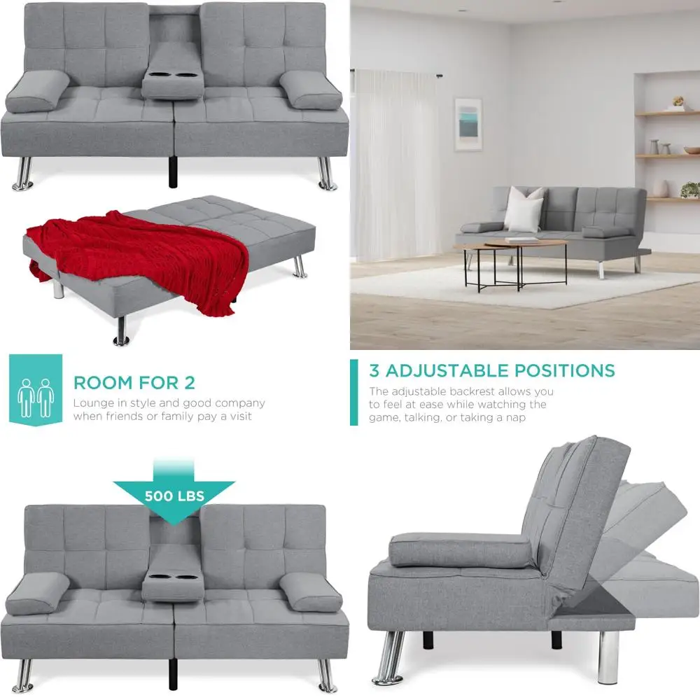 

Linen Modern Folding Futon Reclining Sofa Bed with Removable Armrests and 2 Cupholders for Apartments and Dorms