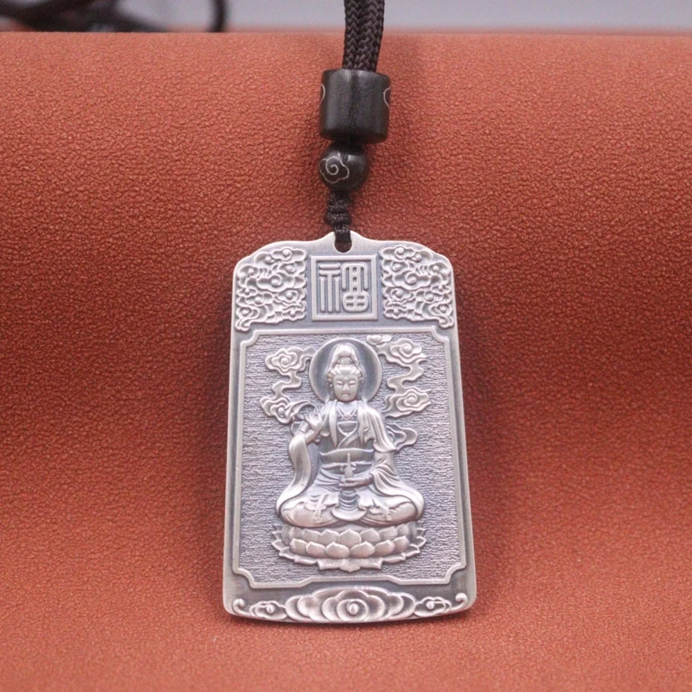 

Real Pure 999 Fine Silver Lucky Men Women Carved Lotus Seat Fu Cloud Guanyin Oblong Pendant