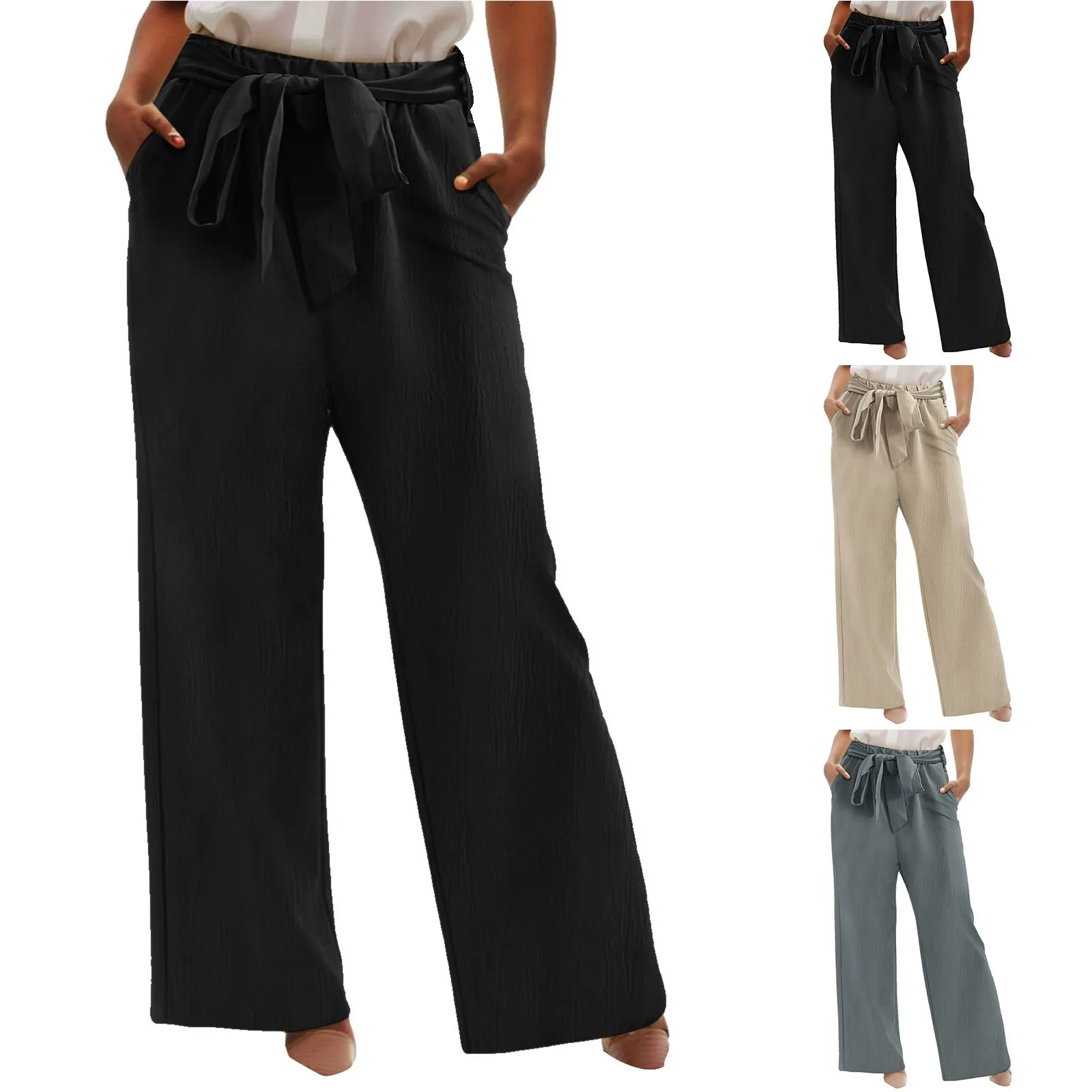 

New Arrival Women's Wide Leg High Waisted Cropped Trousers with Belt Female Fashion Elegant Loose Flare Ankle Pants Capris