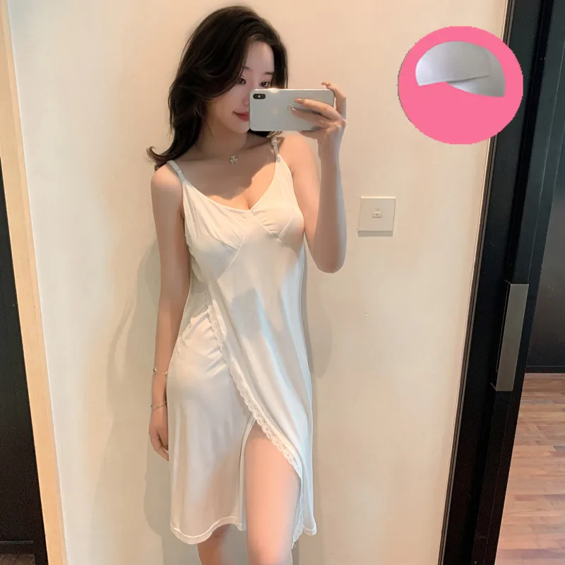 Fdfklak Sexy Modal Cotton Nightgowns Women Summer Lace Suspenders Dress Chest Pad Nightdress Home Service New Nuisette Femme