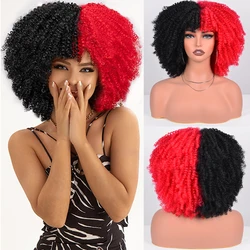 Half Black Half White Wig Cosplay Wigs Synthetic Short Afro Kinky Curly Wigs With Bangs For Women Heat Resistant Natural Hair