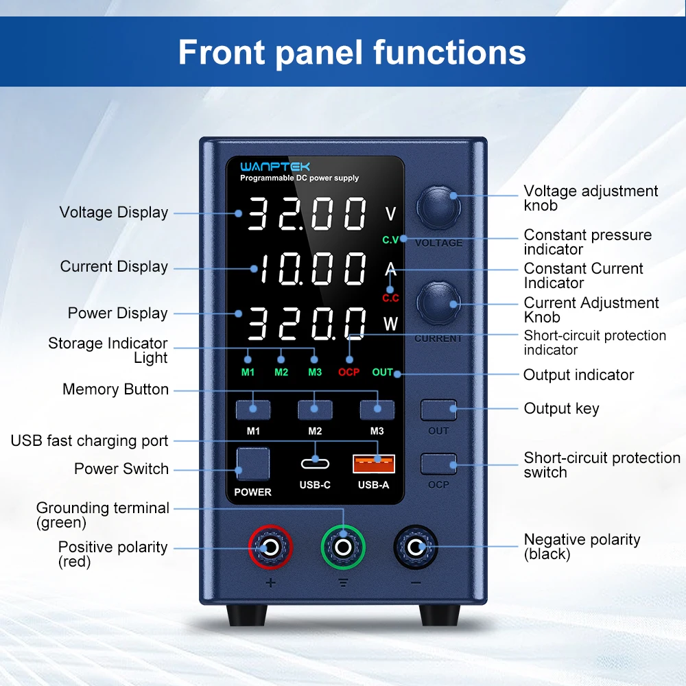 Einstellbares DC-Labornetzteil mit 4 Positionen, 30V 5A, 30V 10A, 220V/115V AC-Schaltwandler, USB/Tape-C-Schnellladung – Detail 16