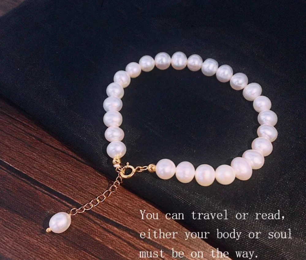 Natural Pearl AAAA 5-6mm 7-6mm South Sea Round White Pearl Bracelet 925s 7.5-8inch