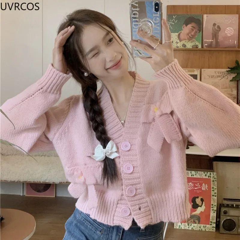 Autumn Winter Sweet Knitted Cardigan Women Vintage V-Neck Flowers Bow Full Sleeve Sweater Korean Style Loose Short Knitting Tops