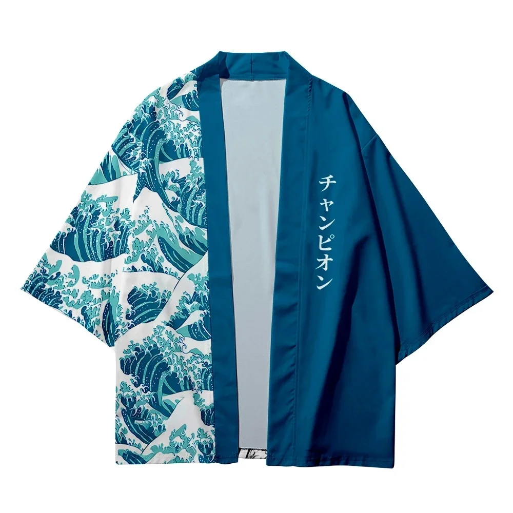 Japanese Haori Women Men Harajuku Kimono Cosplay Tops Blouse Yukata Samurai Cardigan Patchwork Waves Print Oversized Clothing