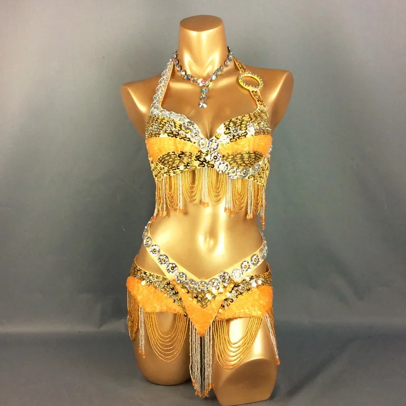 Women Oriental Dance Sequin Beaded Bra and Belt Bellydance Suit Stage & Dance Wear 2pcs Rhinestones Costume for Belly Dance