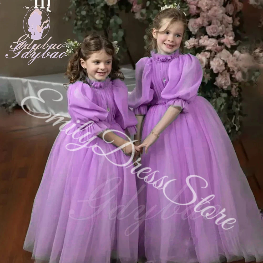 Grey Blue Flower Girl Dress For Wedding Tulle Puffy Pleated High Neck Long Style Kids Birthday Gowns Luxury Princess Dress