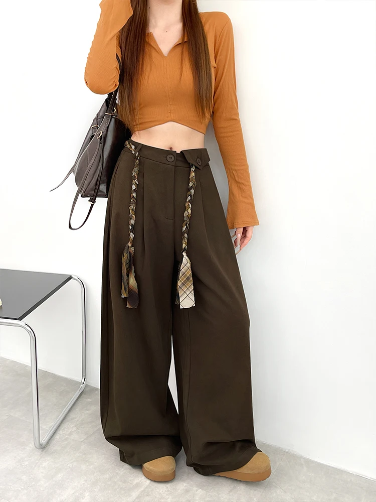 Pantaloni a gamba larga da donna con cintura in corda intrecciata retrò, pantaloni da lavoro sportivi in cotone lavato, adatti per l'autunno indossano pantaloni casual quotidiani.