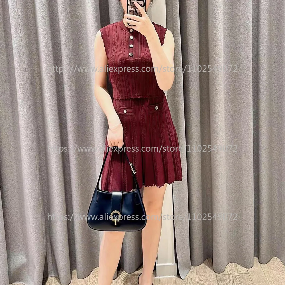 

New Round Neck Sleeveless Vest Cropped Knit Top and Pleated Skirt Set for Women