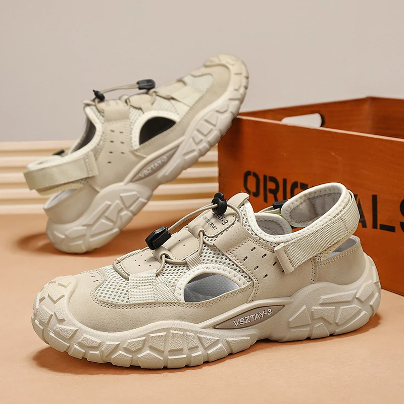 

Летние походные сандалии, мужские классические бежевые уличные пляжные мужские спортивные сандалии, дышащая сетчатая прогулочная обувь на платформе, мужская обувь