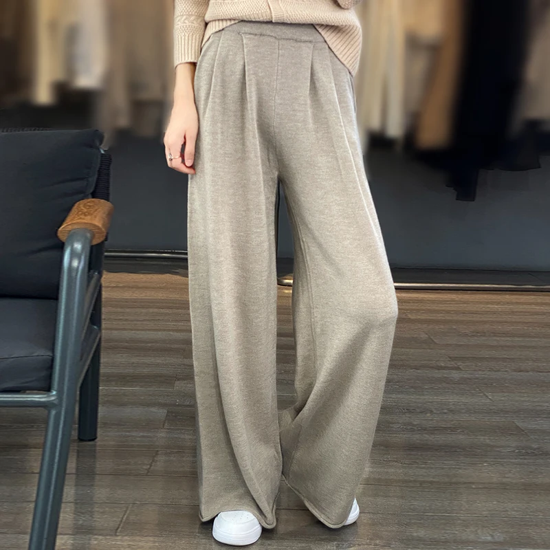 WinvyNee 2024 New Merino Wool Pants Ladies High Waist Wide Casual Knitted Leg Pants Trousers Loose Women Pants Clothing D1077009