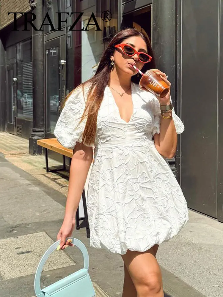 TRAFZA Women Elegant White Embroidery Dress V Neck Short Sleeve Mini Dresses 2024 Summer Fashion Y2K High Street Dress Vestidos