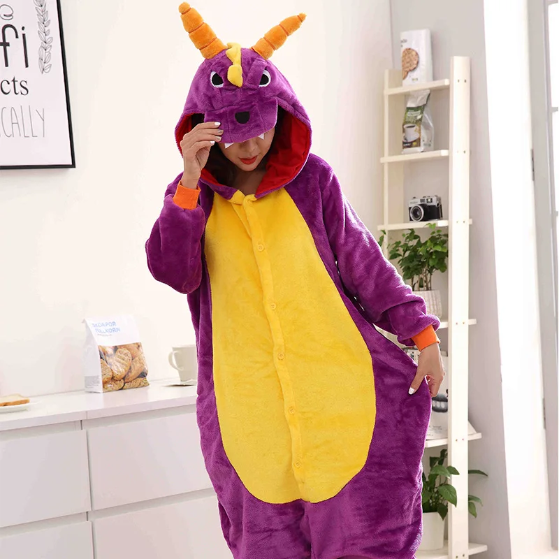 Kids Adults Halloween Cosplay Costume Cartoon Pajama Jumpsuits Animal Purple Dragon Winter Warm Flannel Plush Onesies Homewear