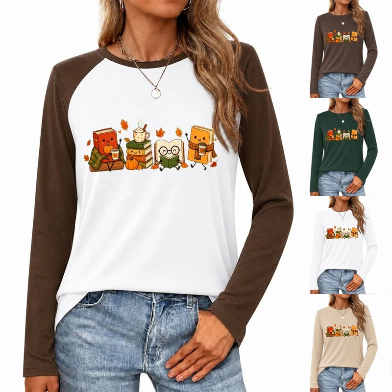 Cute Book Lover Long Sleeve Cotton TShirt Women Vintage Books Coffee Pumpkin Fall Graphic Tee Casual Autumn Thanksgiving Tees