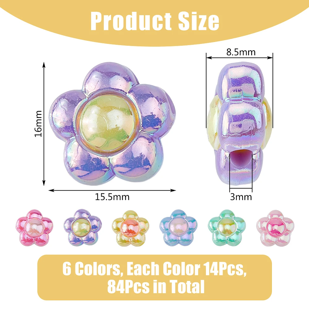 84Pcs 6 Colors Acrylic Flower Bead Floral Craft Beads 5 Petal Color Pastel Beads Colorful Opaque Beads Cute Floral Loose Spacer
