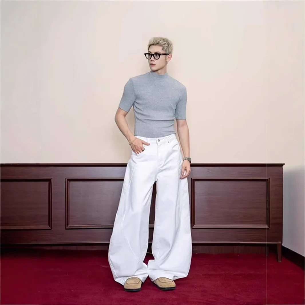 Men American Retro White Scimitar Jeans Large Pocket Loose Straight Floor Length Wide Leg Denim Pants Street Casual Jeans Man