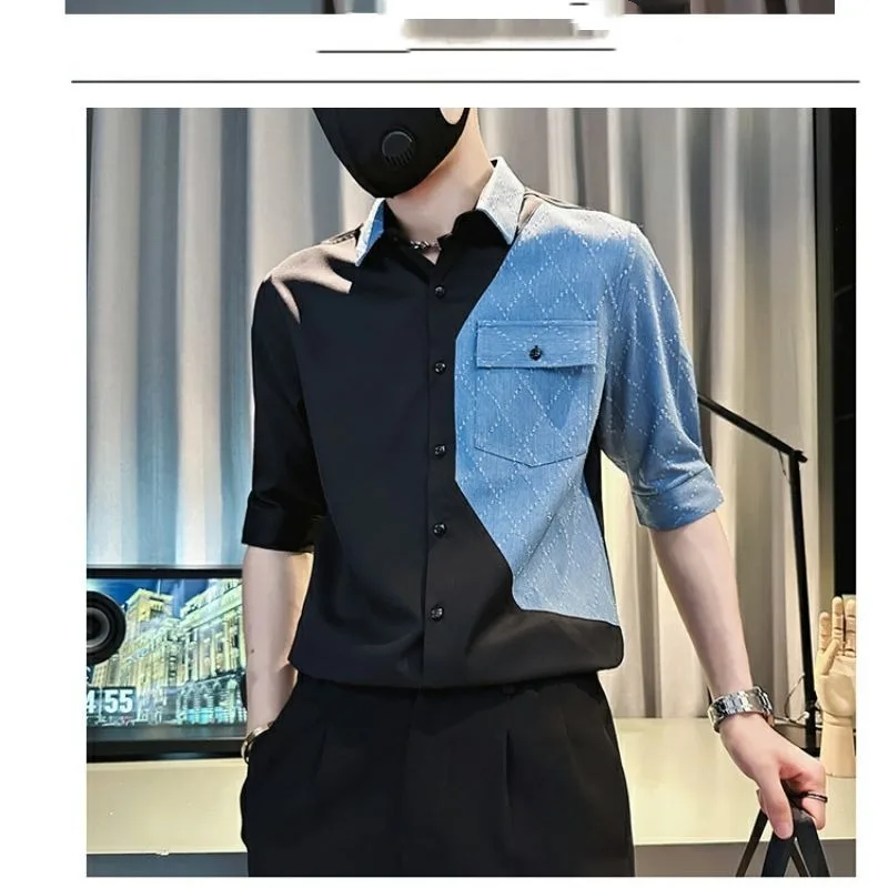 New Summer Men\'s POLO Collar Splicing Contrasting Colors Pocket Versatile Loose Single Row Multi Button Short Sleeved Shirt Tops