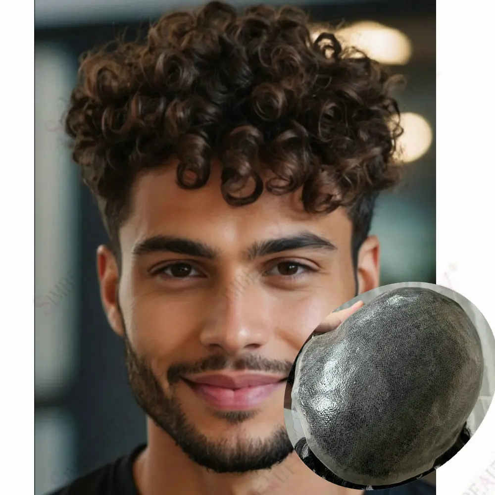 

18 мм вьющийся серый черный парик из натуральных человеческих волос для мужчин, тонкая кожа, мужской парик из человеческих волос, полный PU0,1 мм, мужской парик, капиллярный протез