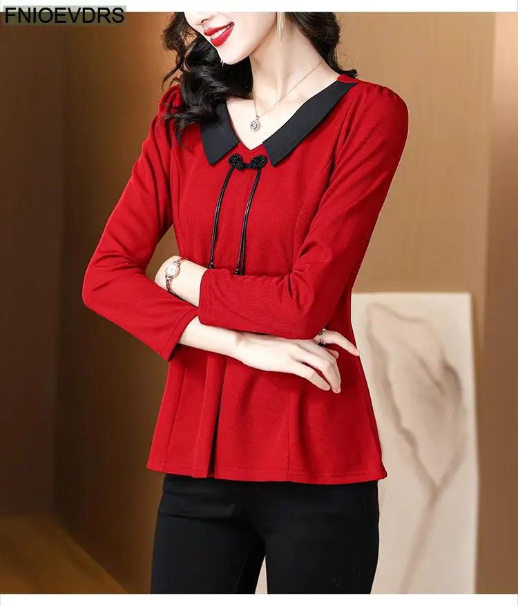 M-5XL New Year Red TopsWomen 2023 Autumn Elegant Office Lady Peplum Basic Shirts Casual Retro Vintage Bow Tie Blouses