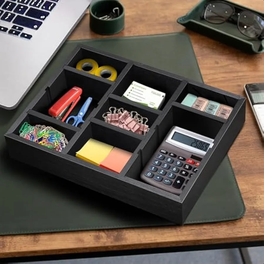 صينية تنظيم درج المكتب مع 9 مقصورات قابلة للتعديل، ملحقات مكتب خشبية، لوازم تخزين منظمة للمكتب