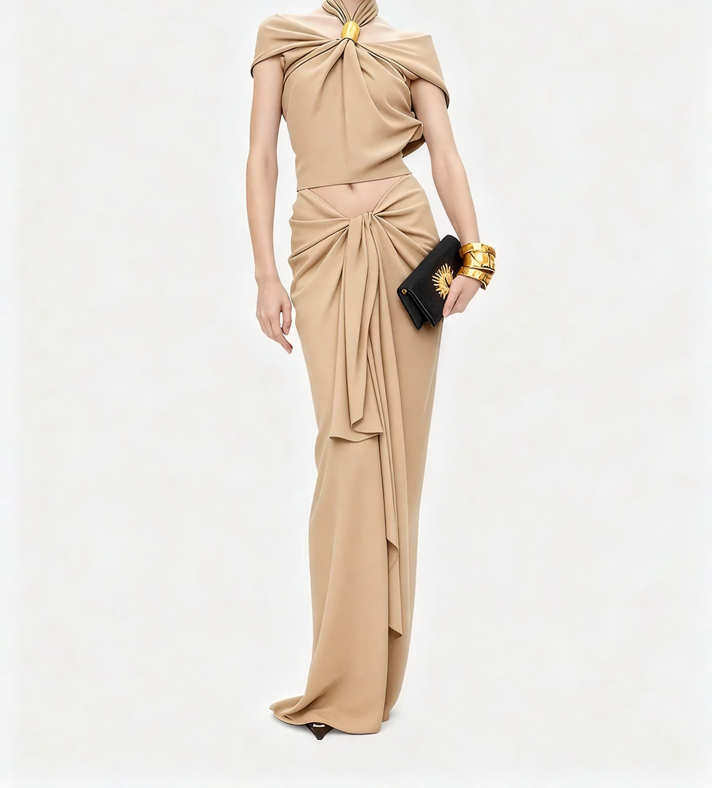 customized evening dress red two-piece off-the-shoulder gown with draped top, knot details, midriff cutout and matching maxi