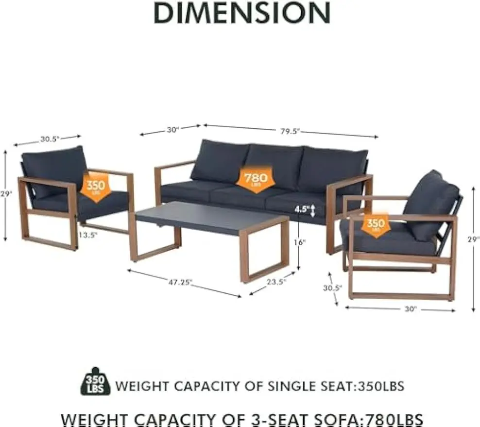 Outdoor 4-Piece Modern Aluminum Patio Furniture Sets 5 Person Conversation Set, Faux Wood Grain Finish Frame Sofa