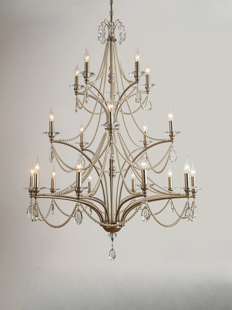 Duplex building American loft villa empty living room lamps double pearl crystal stair chandelier