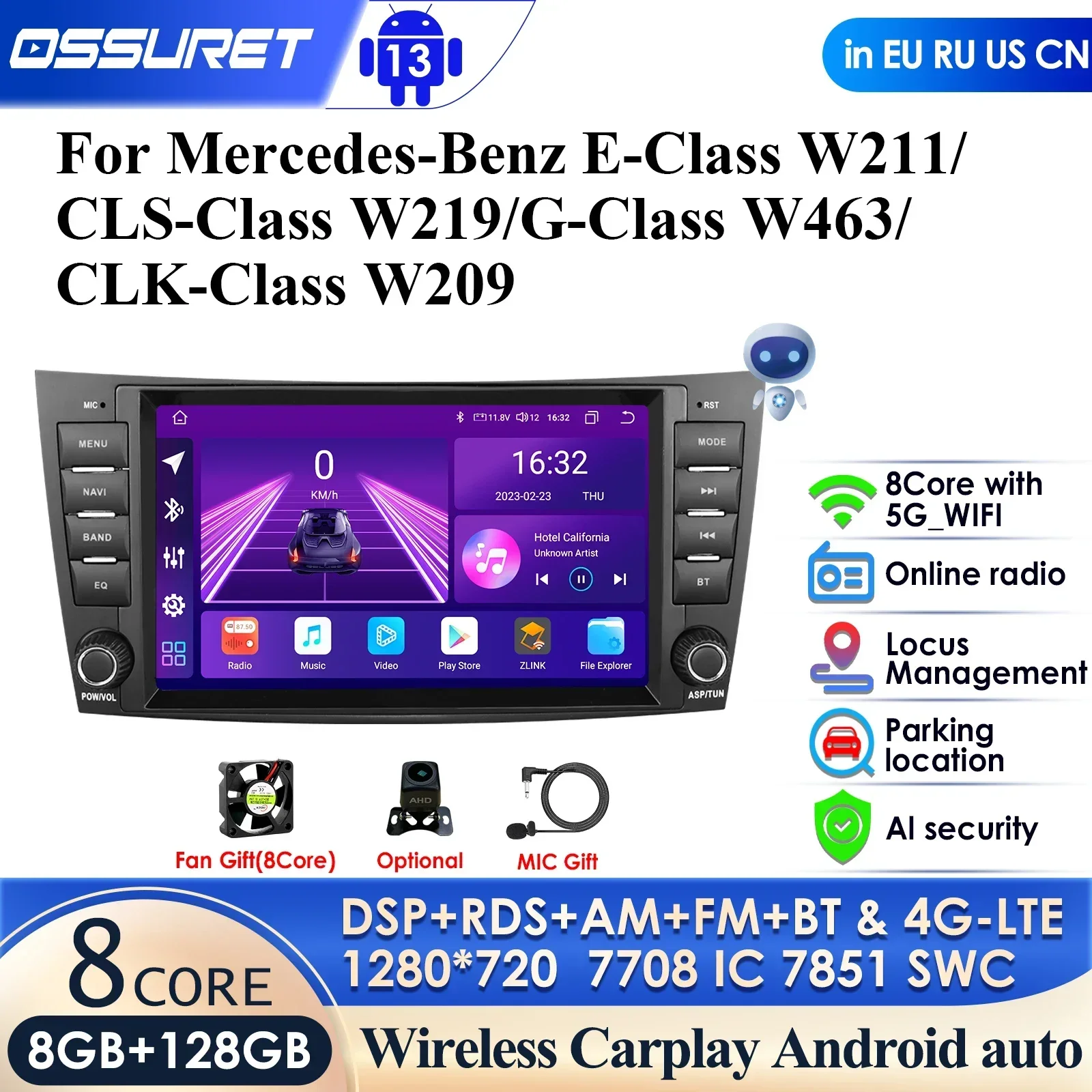 

8+128 4G-LTE Android Auto Radio for Mercedes Benz E-Class W211 W219 E200 E220 E300 W463 Carplay Car Multimedia RDS GPS Autoradio