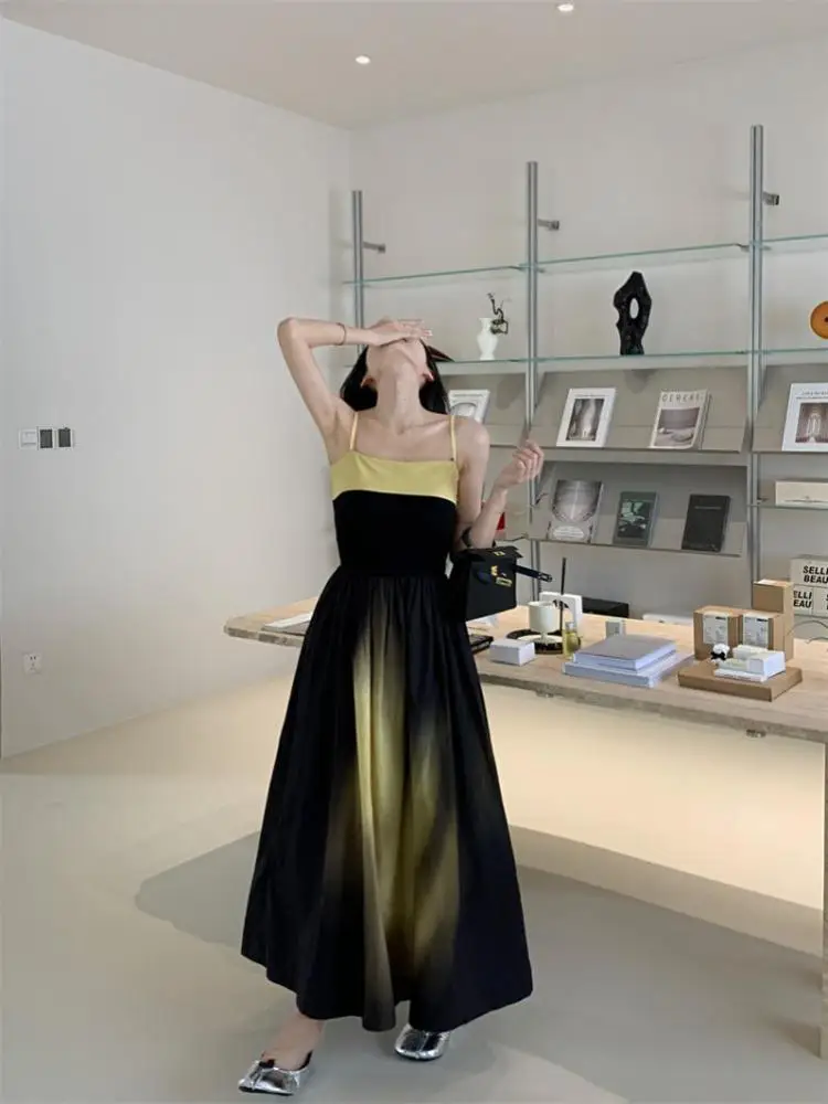 

Summer Black Patchwork Sleeveless High Waist Pleated Slip Long Dress French Women's Temperment Sexy Backless Party Evening Dress