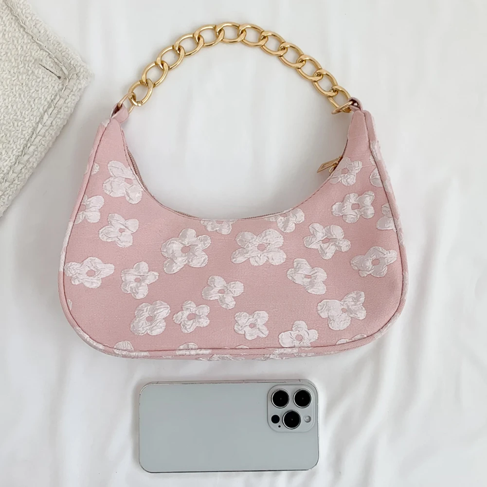 

Women Top-handle Bag Flower Print Chain Underarm Bag Fashion Casual Elegant Simple Cute Clutch Purse Female Armpit Bag