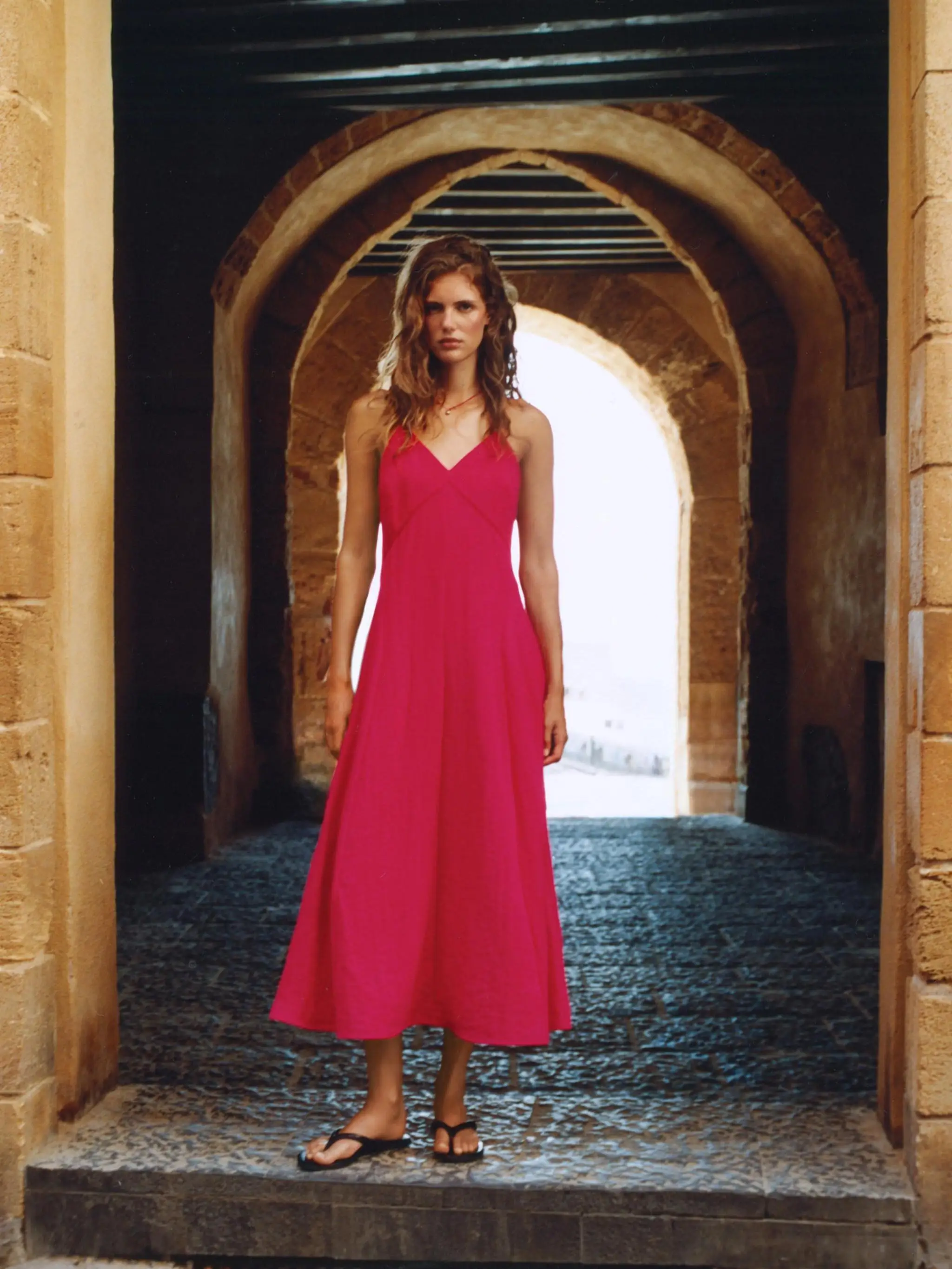 Summer New Arrival Women's V-neck Back Cross Strap Midi Dress Elegant Simple Style High Waist Long Skirt No Sleeve  Color