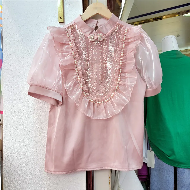 

2023 Summer New Beaded Organza Shirts For Women Short Puff Sleeve Chiffon Tops Female Elegant Fashion OL Solid Color Blouse