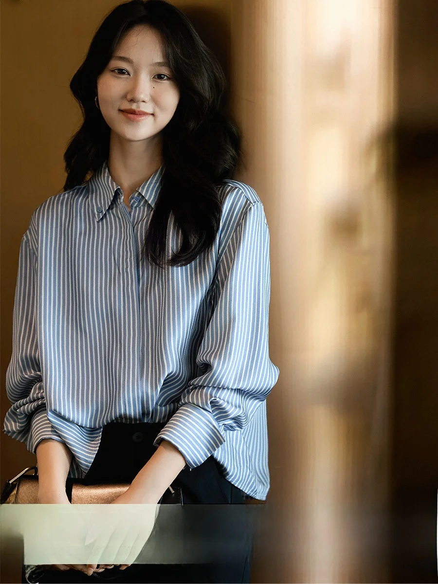 

Женская шелковая рубашка с художественным полосатым узором, укороченная, приталенная, модная, прямого кроя, с длинным рукавом, без воротника, кардиган