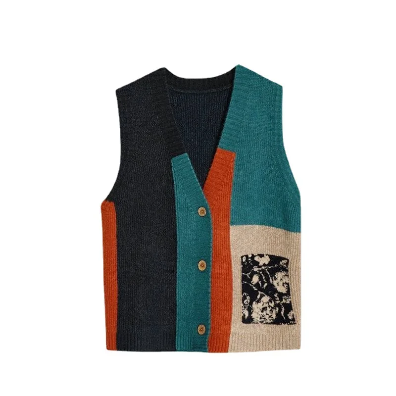 Women Retro Knitting Vest Patchwork Sleeveless Soft One Breasted Jackets Spring Autumn Female Casual All-match Knitted Sweater