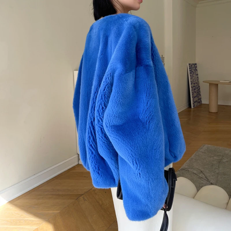 Abrigo de piel de visón de lujo para mujer, prenda de banquete, púrpura, estándar, Klein, azul, Linda