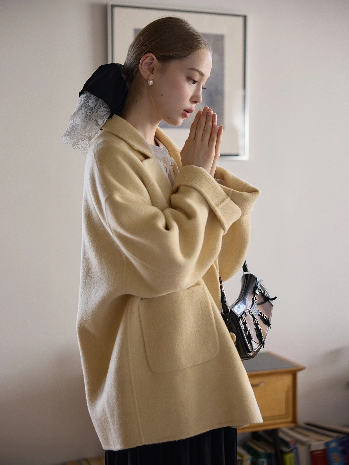 Classic Double-Faced Wool Camel down Coat Design Sensation French Art Student Style Long Sleeve Suit Collar One Button Closure