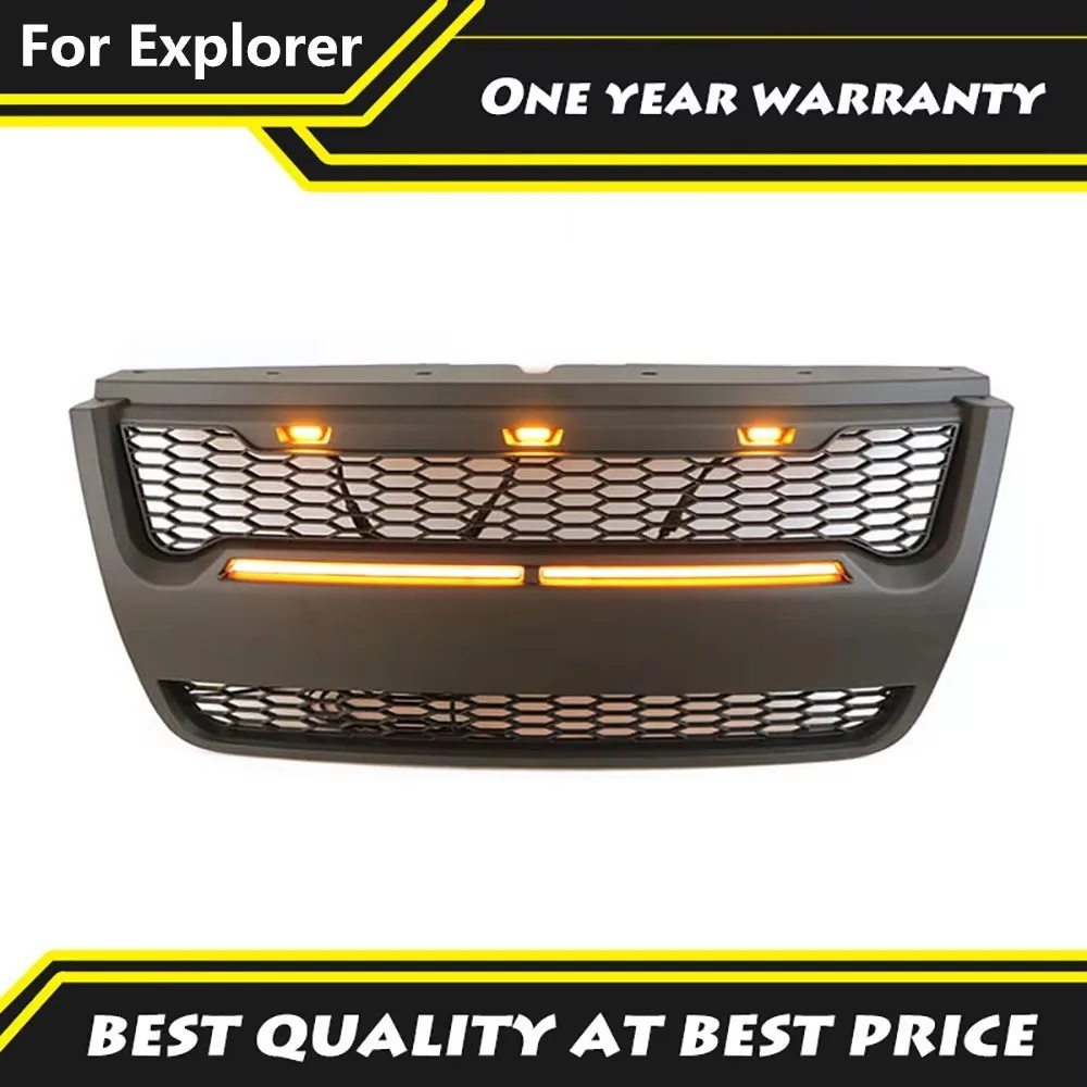 Car Front Grill Matte Black Grille With Light Bar Fit For Ford Explorer 2006-2010 Modified Bumper Mesh Racing Cover Accessories