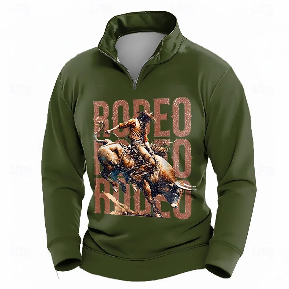 

Men's 3D Print Cowboy Pattern Zipper Sweatshirt Fashion Cool Outdoor Casual Comfortable Pullover Vintage Style Half Zip Clothing
