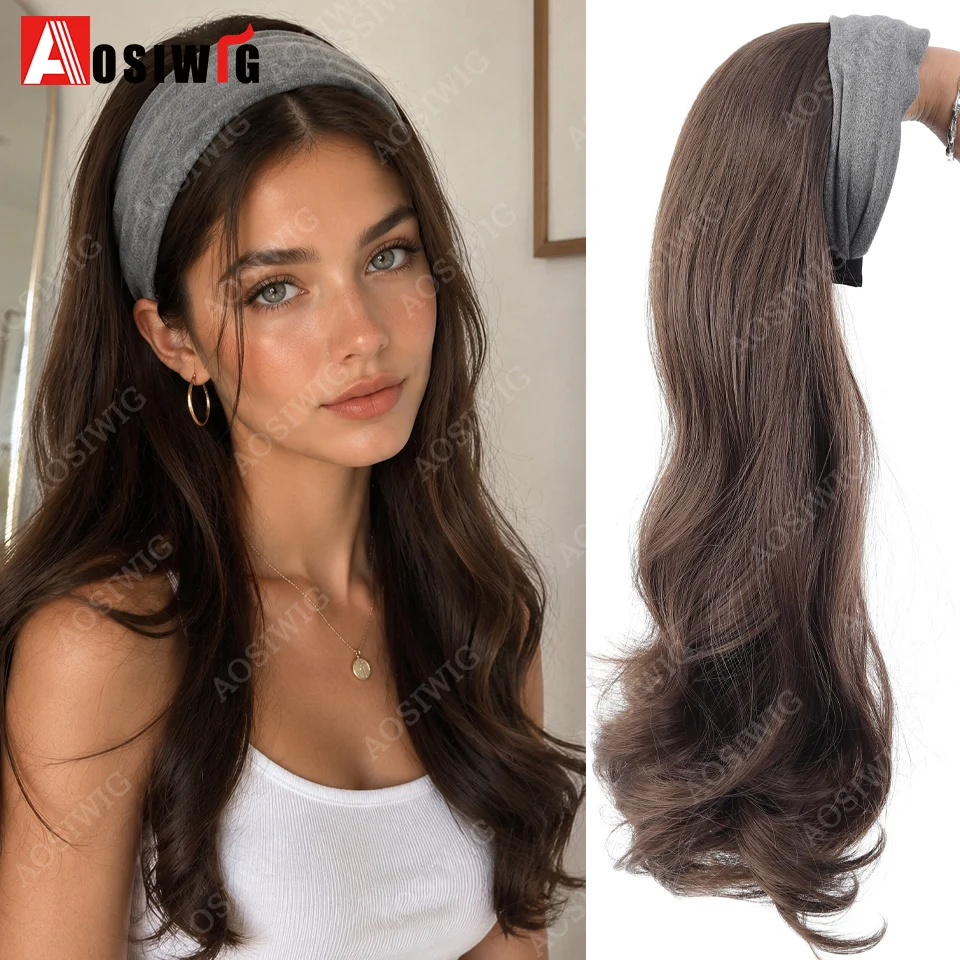 60cm Long Wavy Headband Half Wig Synthetic Fluffy Hair Extensions Natural Brown Hairpiece With Soft Wide Grey Headband For Women