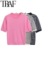 TRAF 2024 Woman Fashion Short Sleeved Flat Needle Basic Top Casual Slim Short Sleeve Pullovers Autumn