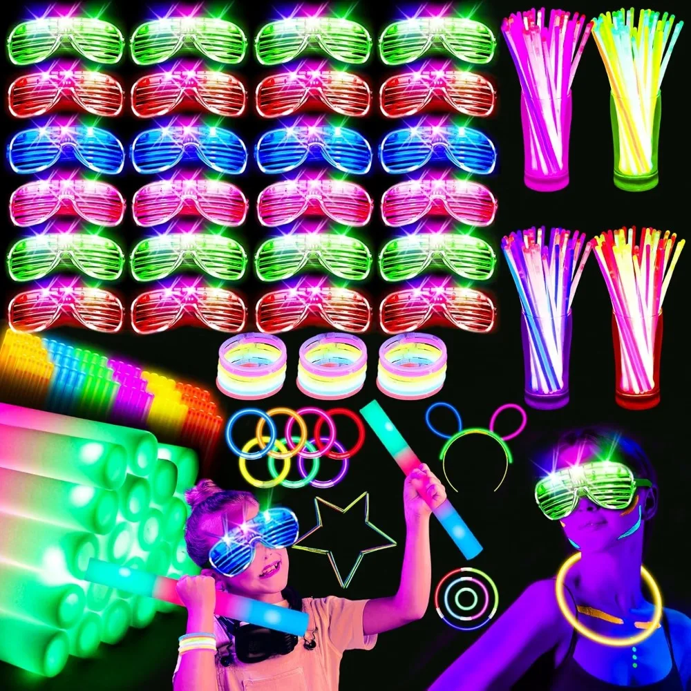 

248 PCS Glow Party Supplies,New Year Party Favors 24PCS Foam Glow Sticks, 24PCS LED Glasses and 200PCS Glow Sticks Bracelets, Ne