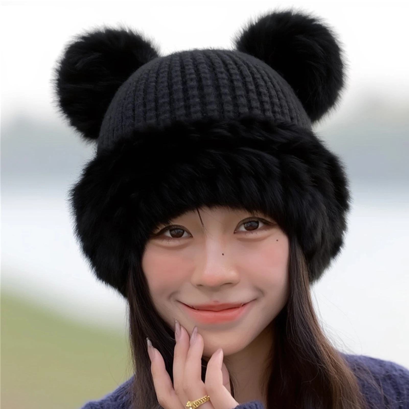 Bear Ears Knit Hat Winter Warm Fluffy Beanie For Women Oversized Cute Soft Hat With Thick Fleece Lining Cycling Riding Warm Hat