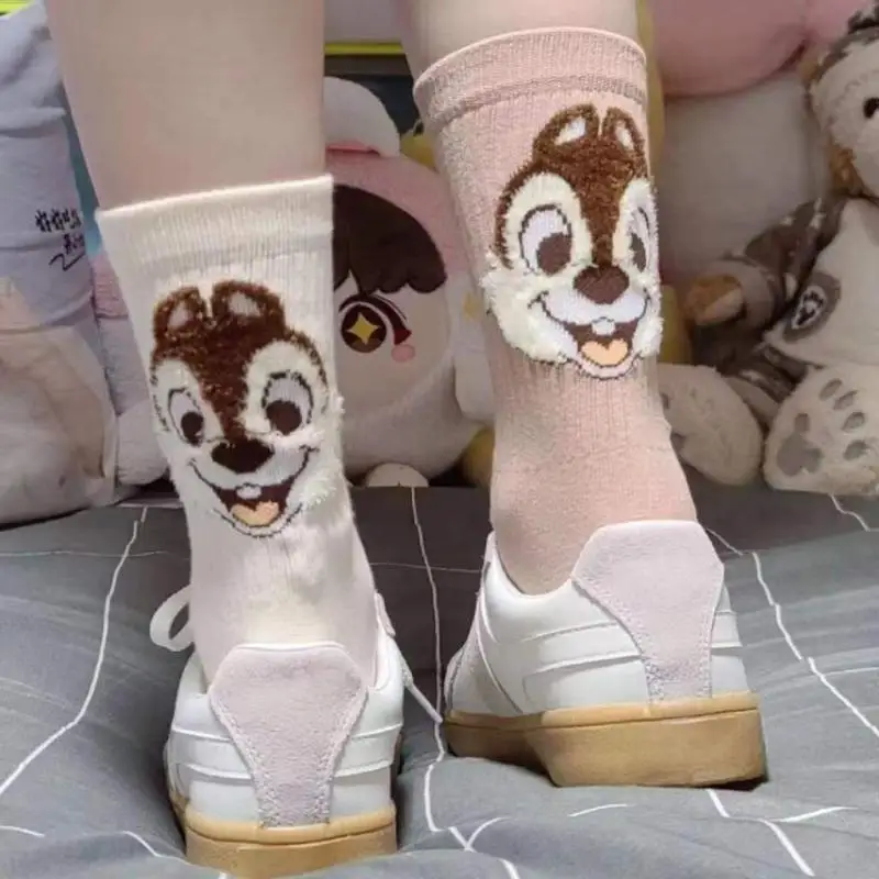 Calcetines de algodón puro de dibujos animados de Disney para niña, medias de tubo medio de felpa, regalos de cumpleaños, Otoño e Invierno