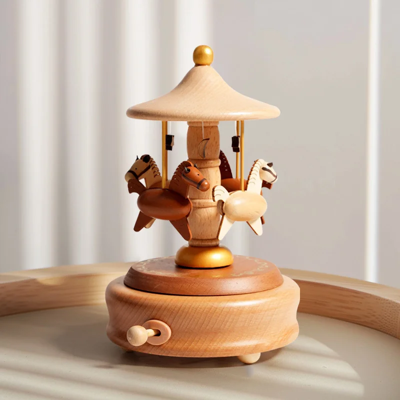 Latest Wooden Carousel Music Box Ornaments Rotatable Hand-cranked Music Box DIY Handmade Birthday Christmas Gift Children’s Toys