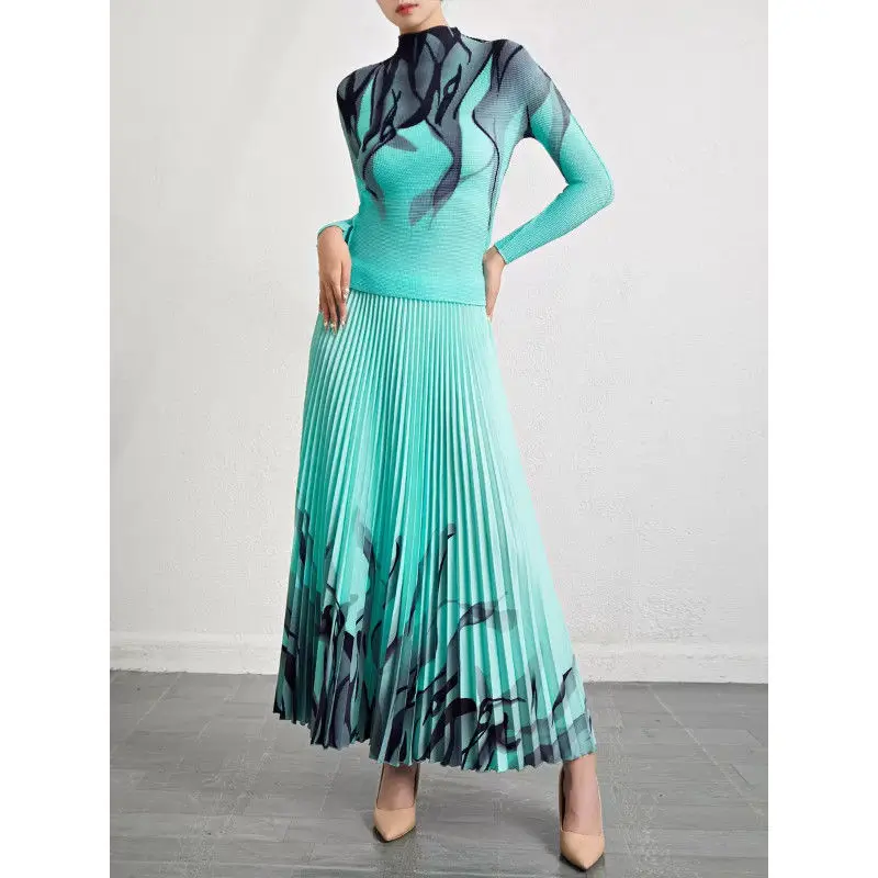 قطعتين المرأة بدلة نواة الذرة مياكي التعادل صبغ تنورة حجم كبير دعوى مطوي عالية المرونة طويلة الأكمام مطوي تنورة رائجة البيع الأوروبية والأمريكية اليومية المنزل السفر