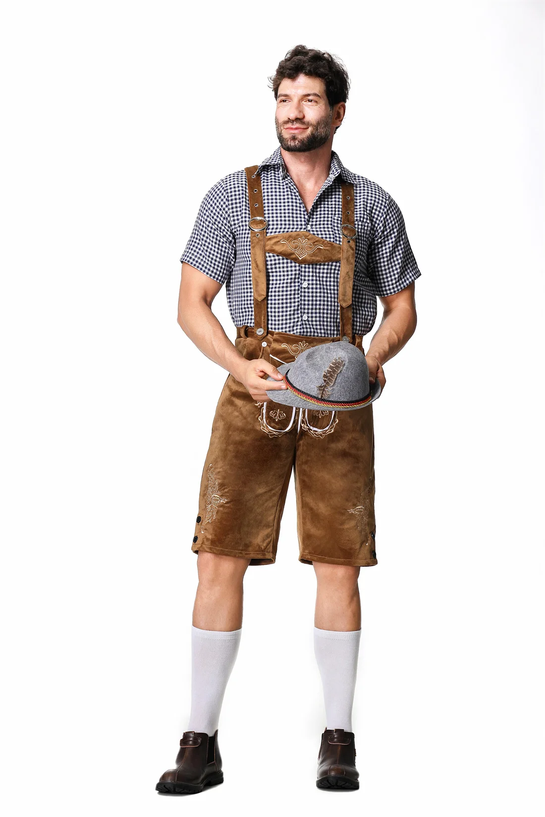 Men's Bavarian German Oktoberfest Costume Short Sleeve Three-Piece Set Lederhosen Beer Mens Outfit Cosplay Halloween Clothes