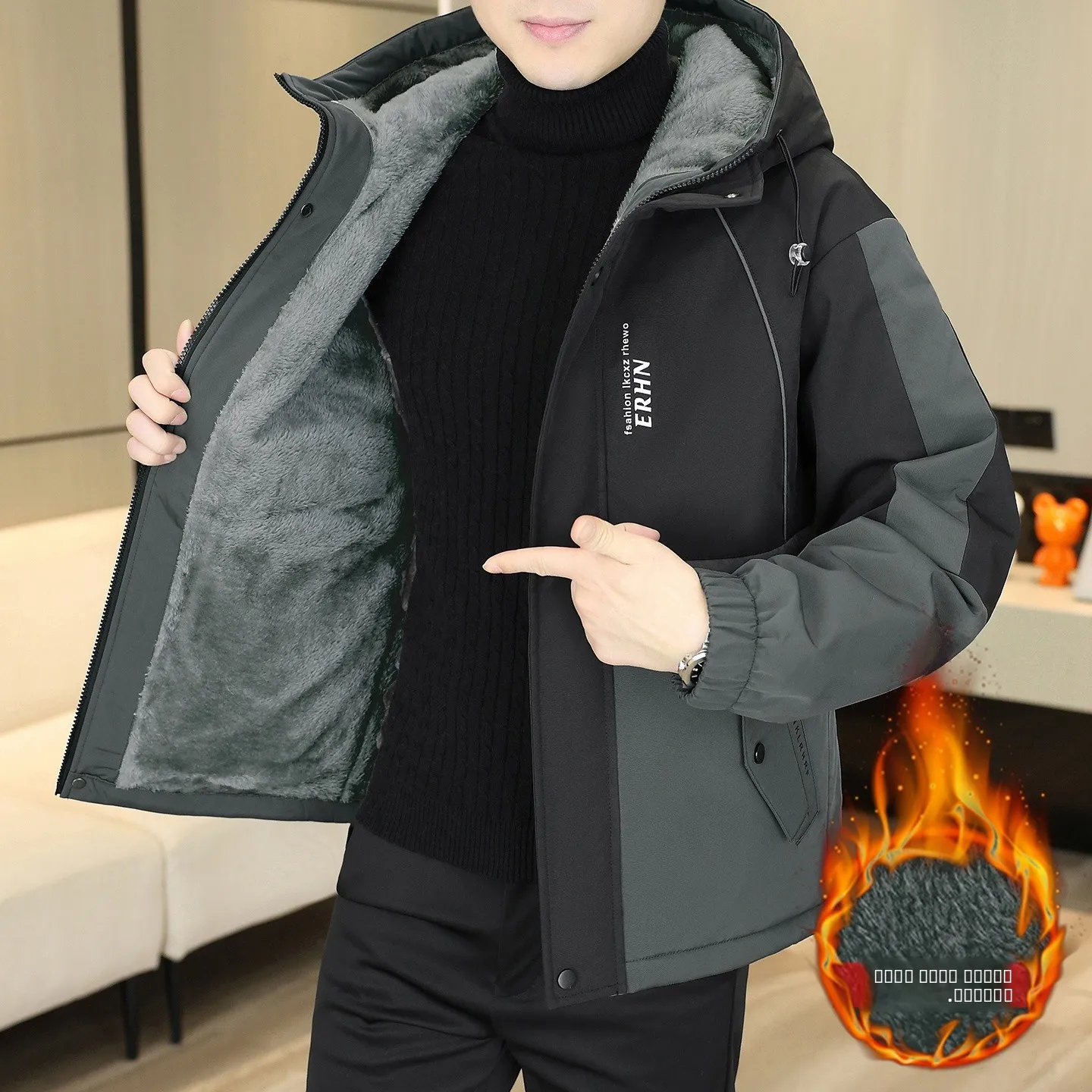 

Thiened Fce Winter Jaet for Teens Men's Hooded Warm Casual Sle Polyester Fabric Loose Fit Anti-Cold Outerwear