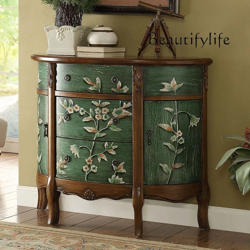 X40 American Painted Entrance Cabinet Mediterranean Hand-painted Semi-round Cabinet Retro Old Furniture Solid Wood Locker
