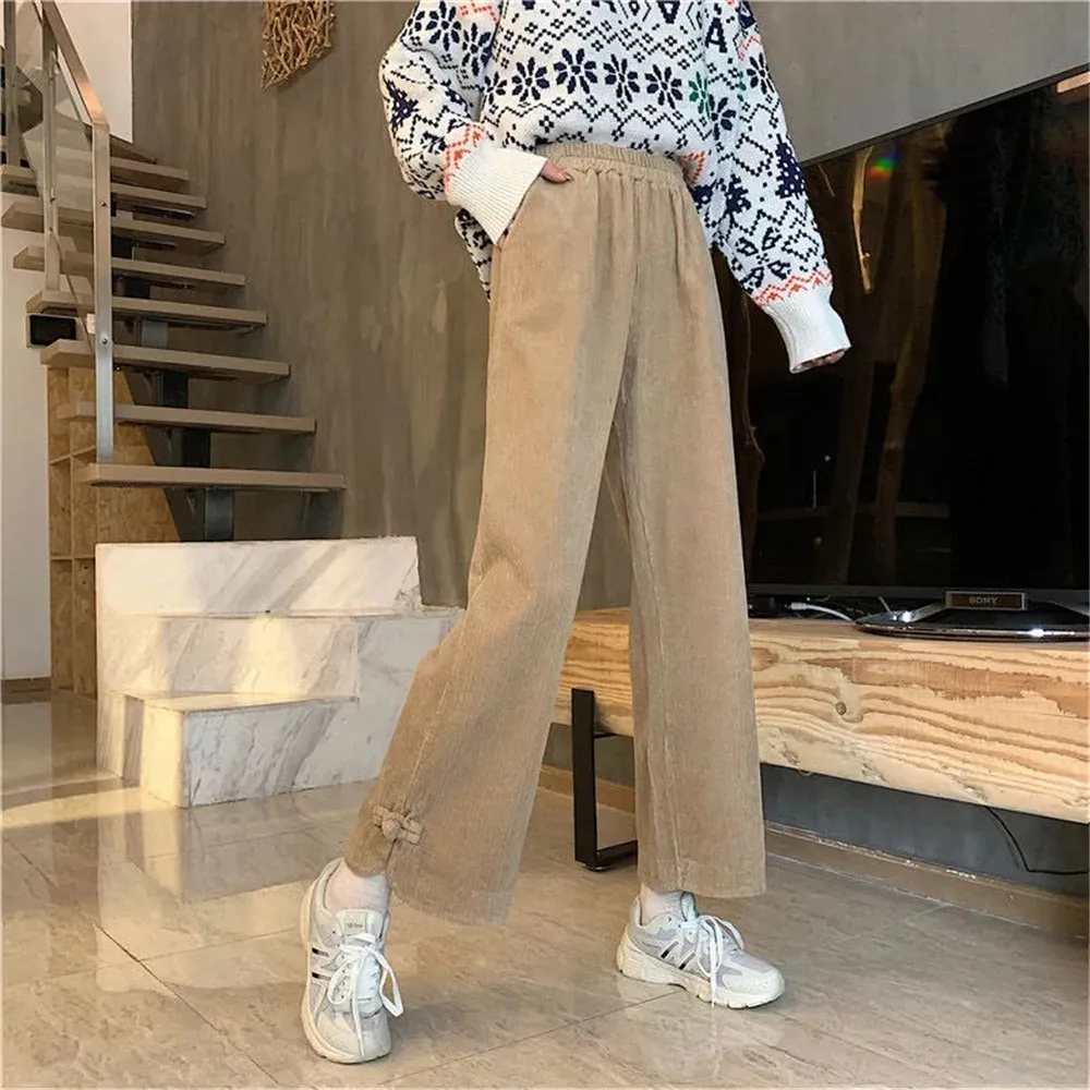 Vintage Corduroy Black Wide-Leg Pants Female Students Autumn 2022 New Korean Loose All-Match Casual Straight Nine-Point Pants